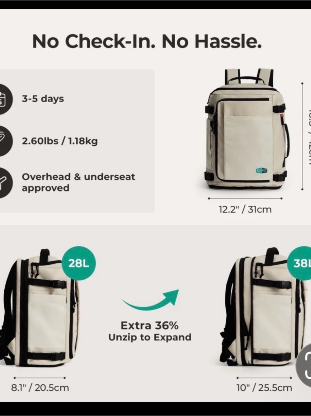 Bagsmart Blast Expandable Travel Backpack 28L 38L Carry On Laptop Bag NWT - Picture 4 of 8